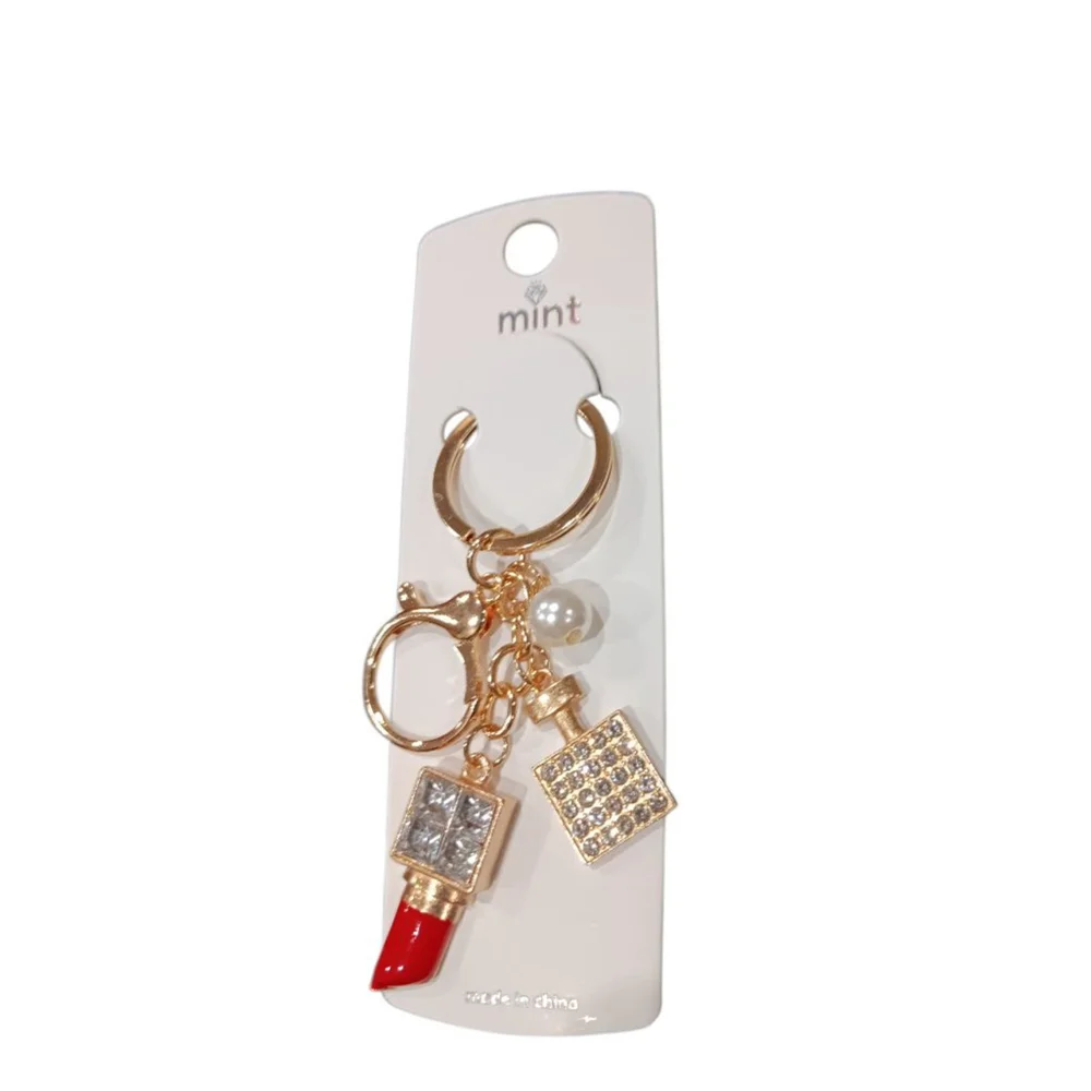 Rhinestone Lipstick, Perfume Bottle, Pearl Bling Keychain Purse Charm Red & Gold